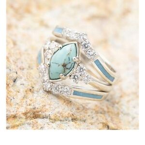 Zircon silver Faux Turquoise Boho White western nordic ring 3 piece set stackabt